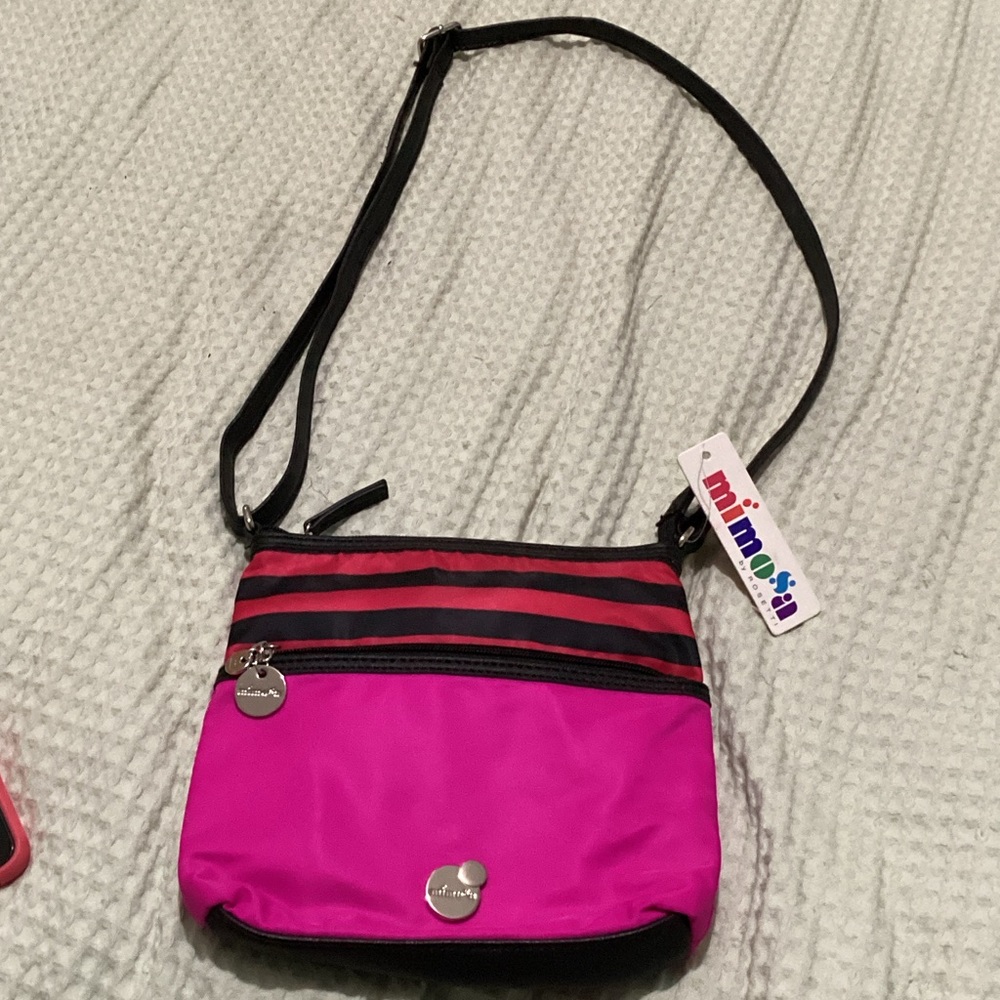 Vibrant Pink and Black nylon Crossbody Bag